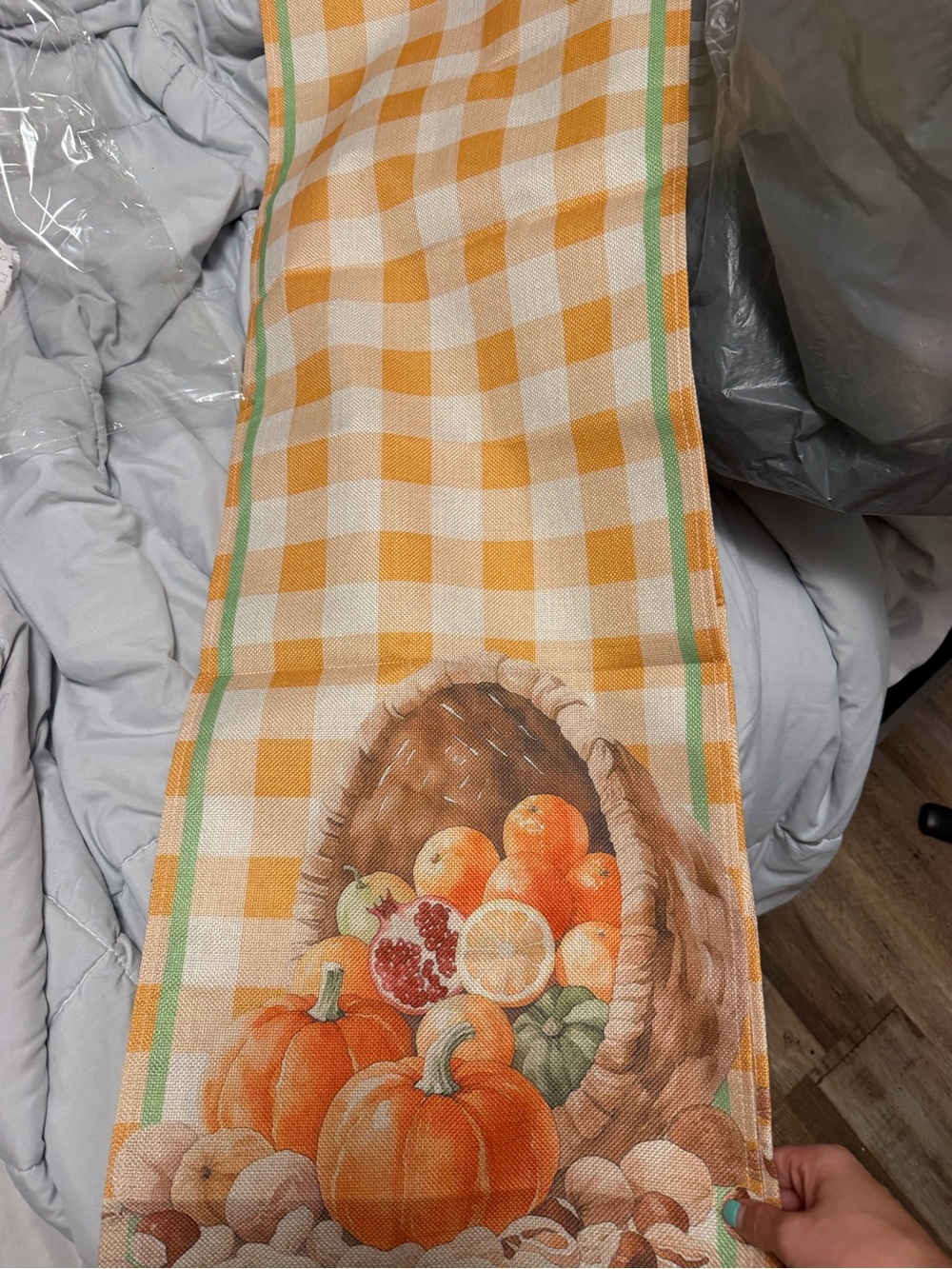 Fall Harvest Orange Check Table Runner with Fruit & Pumpkin Motif